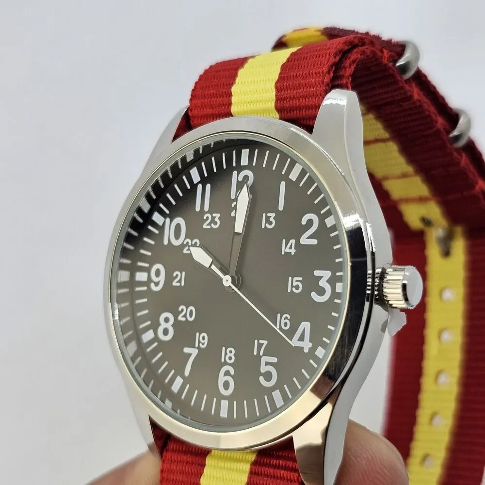 Men's 42MM Field Watch Black Dial Gray‎ Case Red Yellow Canvas Band Strap
